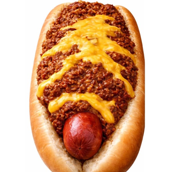 Chili cheese hot dog with a red frankfurter, covered in chili and drizzled with yellow cheese.