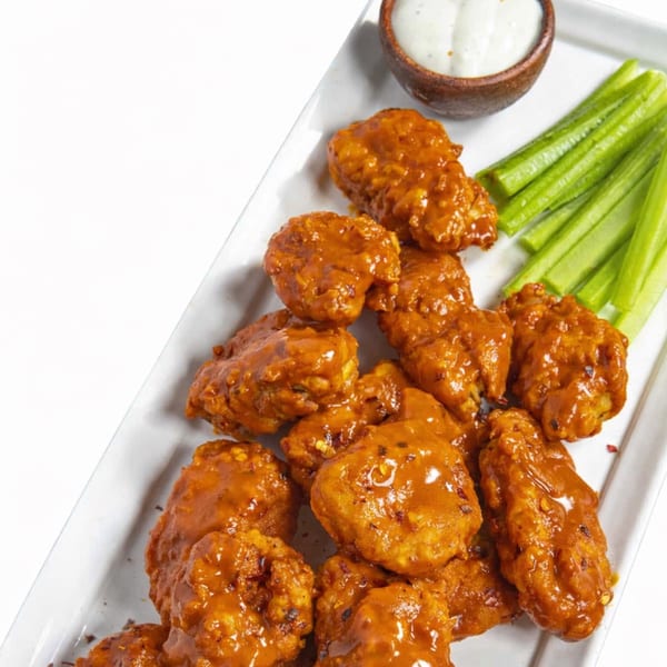 Spicy orange chicken wings with celery sticks and a side of ranch dressing on a white plate.